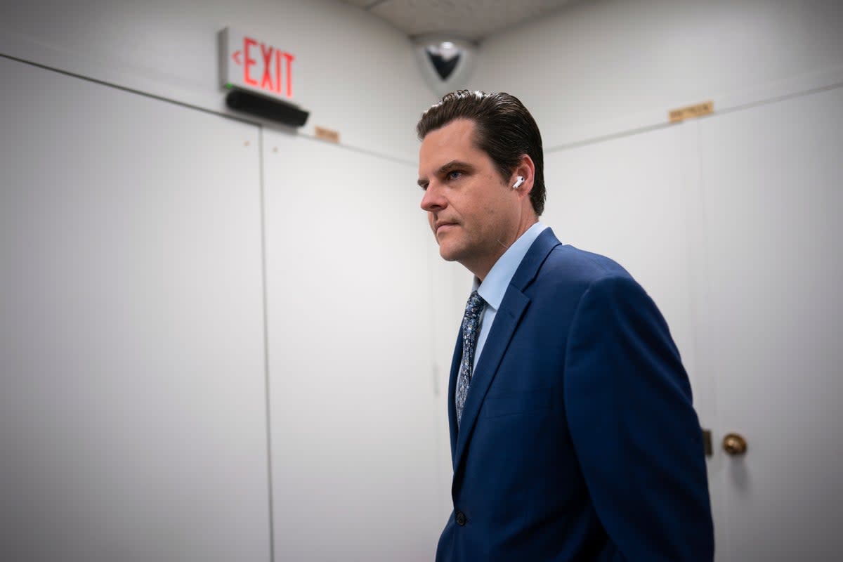 Rep. Matt Gaetz, R-Fla., arrives for a closed-door meeting with House Republicans (Copyright 2023 The Associated Press. All rights reserved.)