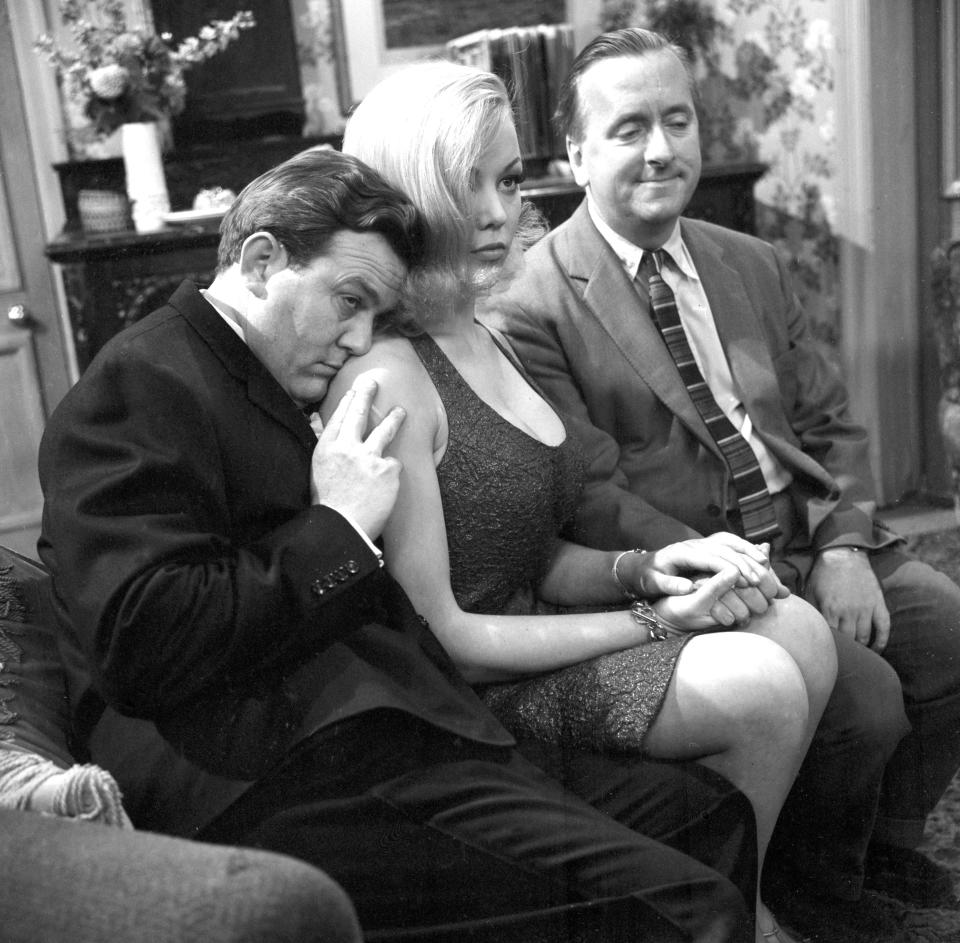 Terry Scott and Hugh Lloyd get on friendly terms with Dolly, played by Margaret Nolan in the latest BBC TV series of Hugh and I.