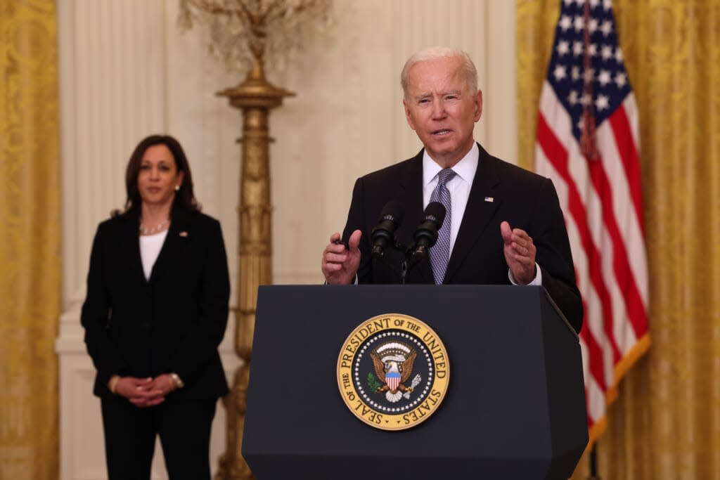 U.S. President Joe Biden, joined by Vice President Kamala Harris, gives an update on his administration’s COVID-19 response and vaccination program in the East Room of the White House on May 17, 2021 in Washington, D.C. (Photo by Anna Moneymaker/Getty Images)