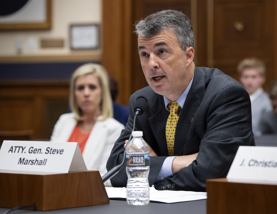 FILE - In this June 8, 2018, file photo, Alabama Attorney General Steve Marshall speaks to the the House Judiciary Subcommittee on the Constitution and Civil Justice on Capitol Hill in Washington. Alabama lawmakers convene Monday, July 17, 2023 to draw a new congressional map. The directive comes after the U.S. Supreme Court ruling that affirmed the lower court’s ruling that Alabama’s existing congressional map — with a single Black district — likely violated the Voting Rights Act. (AP Photo/J. Scott Applewhite, File)