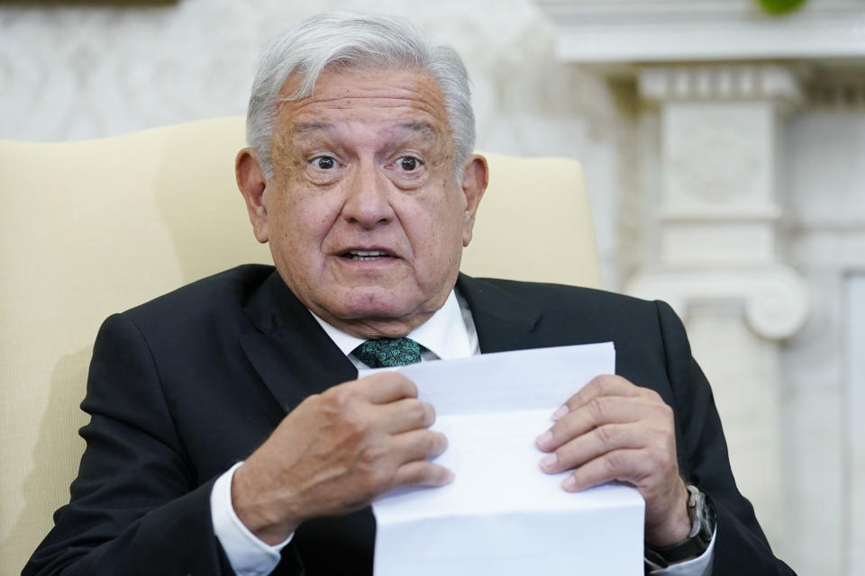 FILE - Mexican President Andrés Manuel López Obrador speaks as he meets with President Joe Biden in the Oval Office of the White House in Washington, Tuesday, July 12, 2022. On Friday, July 22, The Associated Press reported on stories circulating online incorrectly claiming the Mexican President endorsed Democratic candidate Beto O’Rourke for governor of Texas. (AP Photo/Susan Walsh, File)