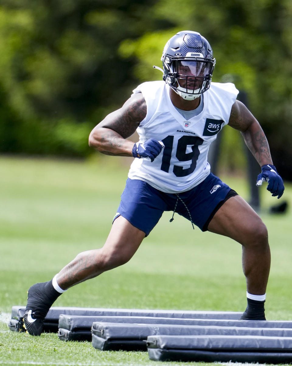 Seattle Seahawks linebacker Trezmen Marshall runs a drill during the NFL football team's rookie minicamp Friday, May 3, 2024, in Renton, Wash. (AP Photo/Lindsey Wasson)