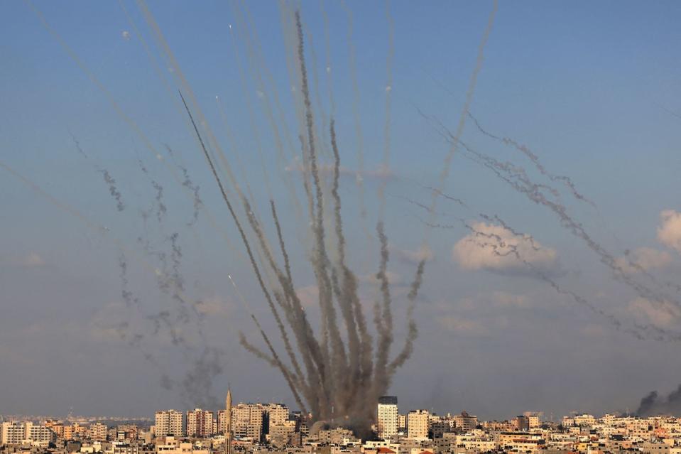 A salvo of rockets fired by Palestinian militants from the Gaza Strip towards Israel on Oct. 10, 2023. (Majdi Fathi/NurPhoto via Getty Images)