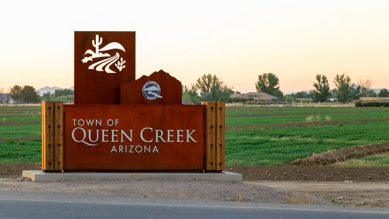 QUEEN CREEK, ARIZONA - April 21, 2019: Town of Queen Creek, Arizona sign located near the intersection of West Combs road and North Gantzel road in Queen Creek, Arizona.