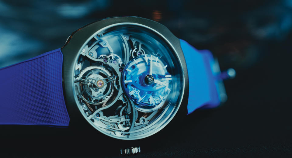 The blue version of the Moser Streamliner Cylindrical Tourbillon Skeleton was released earlier this year.