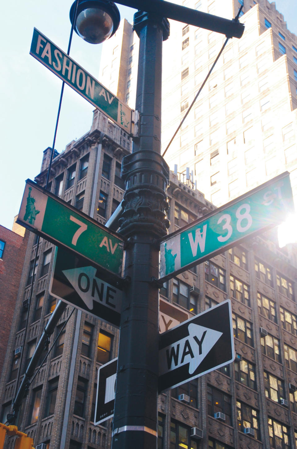 Corner of street at 7th Avenue and West 38th Street in Manhattan, New York, 2008.