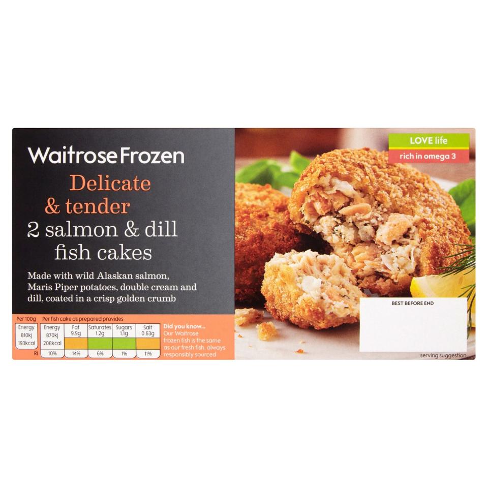 3) Waitrose Frozen Delicate & Tender 2 Salmon & Dill Fishcakes