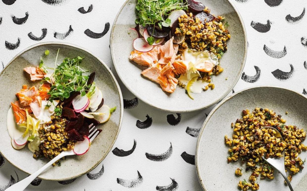 Hot-smoked salmon, beetroot and grains with preserved lemon crème fraîche - Haarala Hamilton