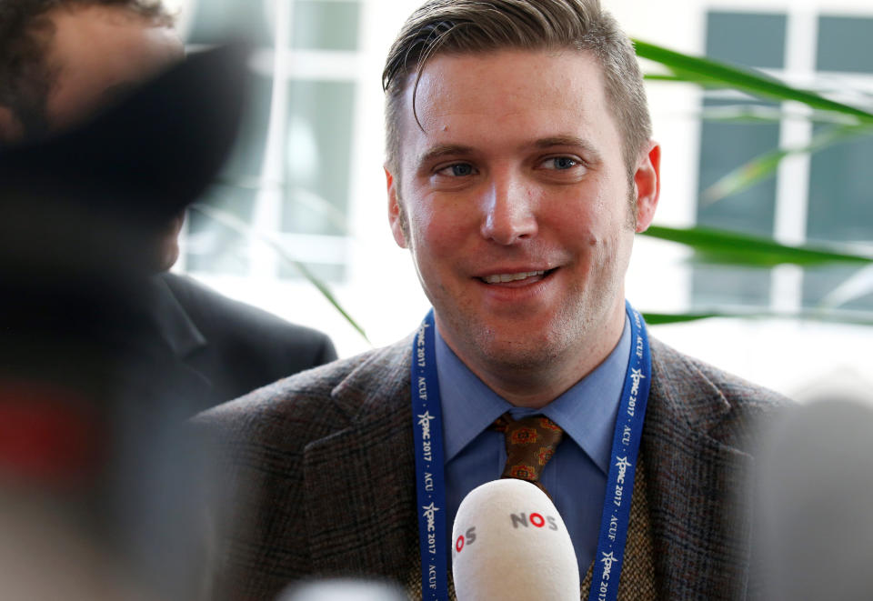 Richard Spencer, a leader and spokesperson for the so-called “alt-right” movement, speaks to the media at the Conservative Political Action Conference (CPAC) in National Harbor, Maryland, U.S., February 23, 2017. REUTERS/Joshua Roberts