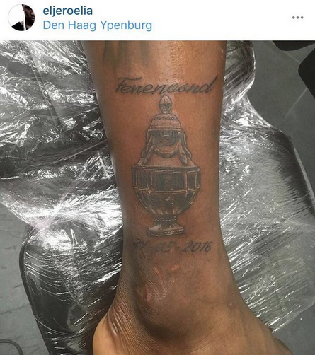 <p>Eljero Elia got a mistake-riddled tattoo celebrating a Dutch Cup win. Two major errors here: First of all, the artist misspelled the name Feyenoord as ‘Fenenoord’. And what would you know, the date of the trophy win on the bottom (meant to be April 24, 2016) is written as 24 – 05 -2016. </p>