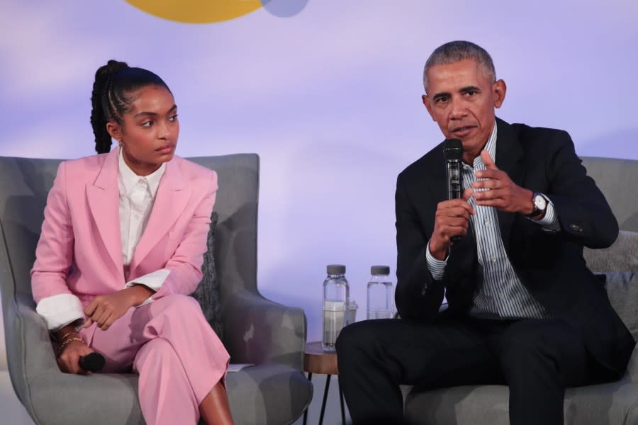 Former President Barack Obama (right) sits with actress Yara Shahidi, who interviewed him at the 2019 Obama Foundation Summit in Chicago, Illinois. (Photo by Scott Olson/Getty Images)