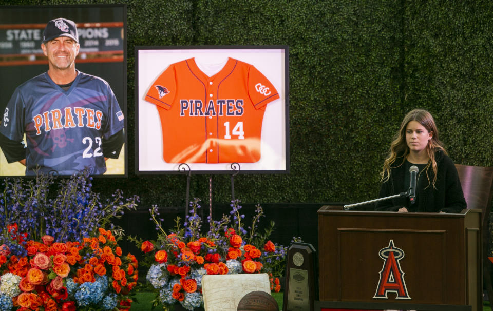 Sammy Forbath, Alyssa Altobelli's best friend speaks at a memorial service honoring baseball coach John Altobelli, his wife, Keri, and their daughter Alyssa at Angel Stadium of Anaheim on Feb. 10, 2020 in Anaheim, Calif. (AP Photo/Damian Dovarganes)