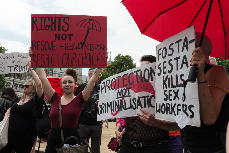 Sex workers protest against criminalization of their trade and FOSTA-SESTA, the combined legislation that included the Stop Enabling Sex Traffickers Act. (Photo: Barcroft Media via Getty Images)