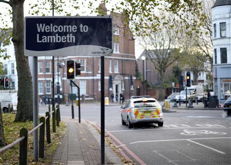 A welcome sign is seen in the London Borough of Lambeth, in south London November 22, 2013. REUTERS/Dylan Martinez