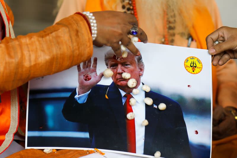 Activists of Hindu Sena, perform a special prayer to ensure a victory of U.S. President Donald Trump in the elections, in New Delhi