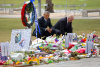 <p>President Barack Obama and Vice President Joe Biden visit a memorial to the victims of the Pulse nightclub shooting, Thursday, June 16, 2016 in Orlando, Fla. Offering sympathy but no easy answers, Obama came to Orlando to try to console those mourning the deadliest shooting in modern U.S history. (AP Photo/Pablo Martinez Monsivais) </p>