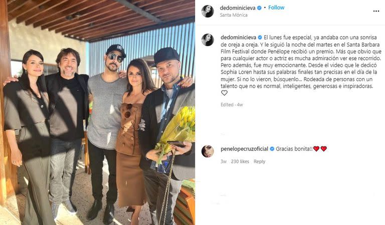 La foto que Eva de Dominici compartió con Penélope Cruz (Foto: Captura Instagram/@dedominicieva)