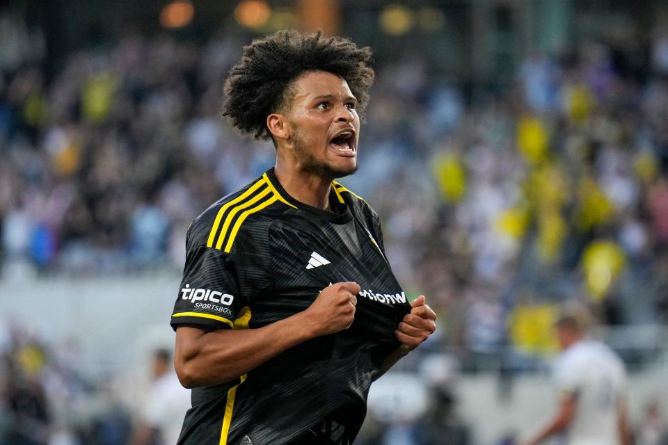 Crew forward Jacen Russell-Rowe celebrates a goal against Orlando on May 13.