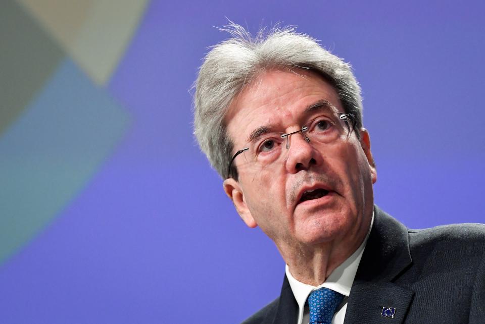 European Commissioner for Economy Paolo Gentiloni talks to journalists during a news conference at the EU headquarters in Brussels, Wednesday, May 20, 2020. (John Thys/Pool Photo via AP)