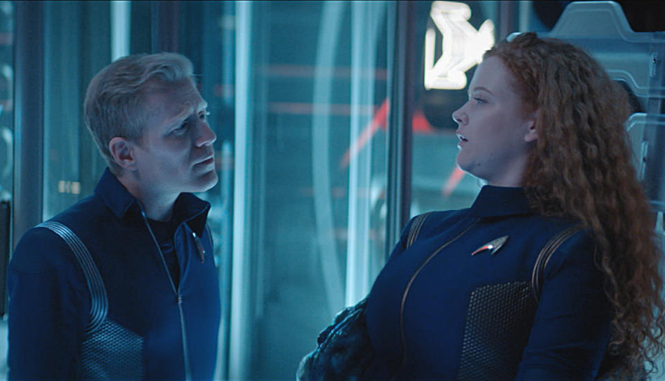 Lt. Stamets (Anthony Rapp) converses with an interdimensional blob currently inhabiting Cadet Tilly. <cite>CBS</cite>