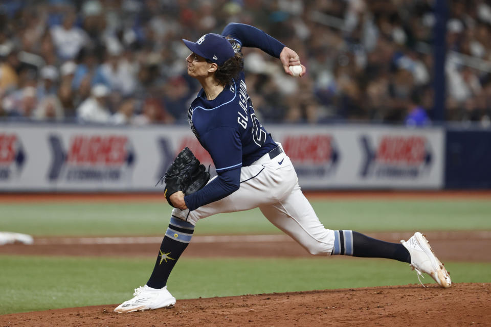 Tampa Bay Rays starting pitcher Tyler Glasnow throws to a New York Yankees batter during the fifth inning of a baseball game Saturday, Aug. 26, 2023 in St. Petersburg, Fla. (AP Photo/Scott Audette)