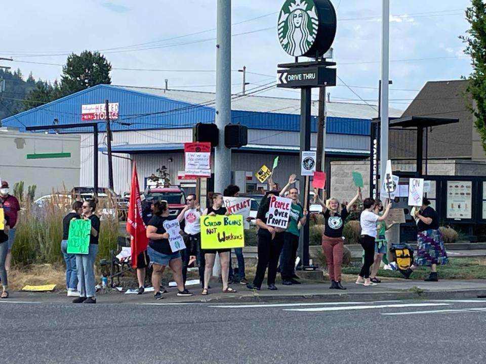 Starbucks workers stage a one-day walkout of the Bellingham store on the corner of King and Iowa streets on Friday, Aug. 12.