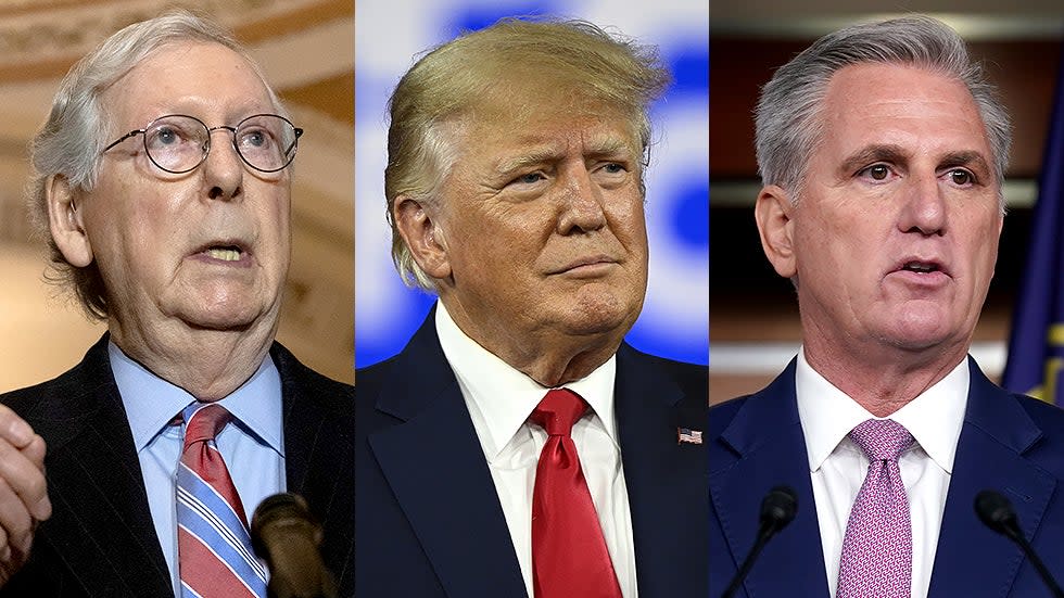 Minority Leader Mitch McConnell (R-Ky.), former President Trump and House Minority Leader Kevin McCarthy (R-Calif.)