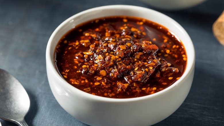 chili crisp in white bowl