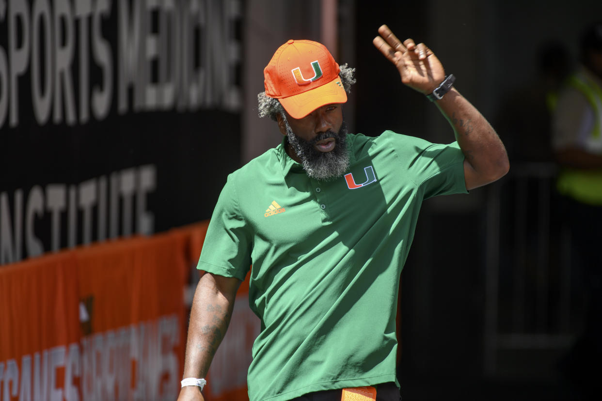 MIAMI GARDENS, FL - SEPTEMBER 03: Miami chief of staff Ed Reed gestures as he walks onto the field before the start of the college football game between the Bethune-Cookman Wildcats and the University of Miami Hurricanes on September 3, 2022 at the Hard Rock Stadium in Miami Gardens, FL. (Photo by Doug Murray/Icon Sportswire via Getty Images)