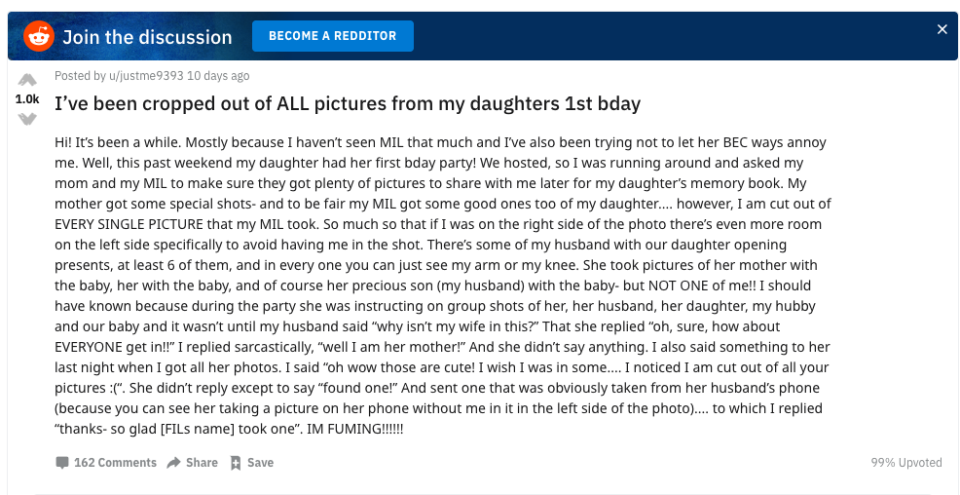 The unnamed mum had asked her husband’s mother to take pictures at the first birthday party of her daughter. Photo: Getty Images