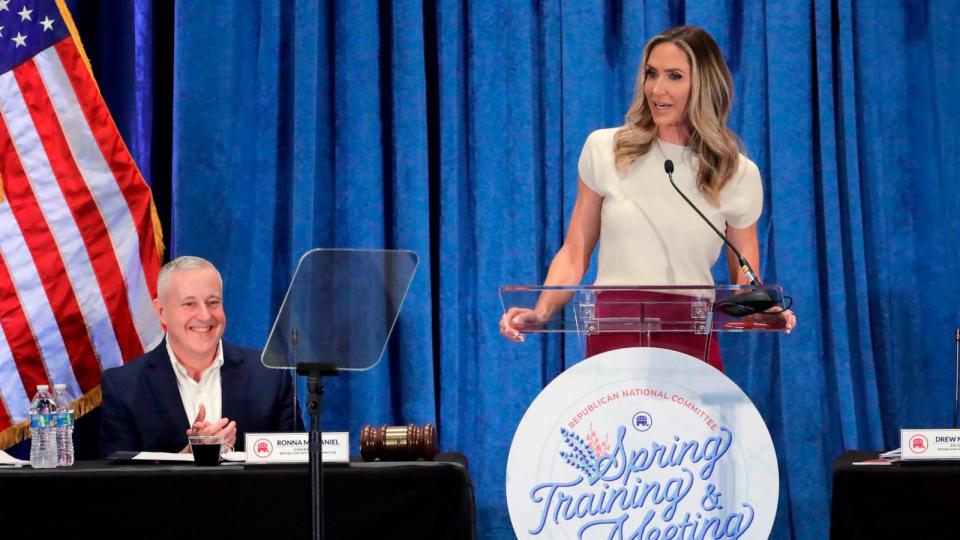 PHOTO: Lara Trump, newly elected Republican National Committee Co-Chair, right, gives an address as newly elected Chairman Michael Whatley listens during the general session of the RNC Spring Meeting, March 8, 2024, in Houston, Texas. (Michael Wyke/AP)