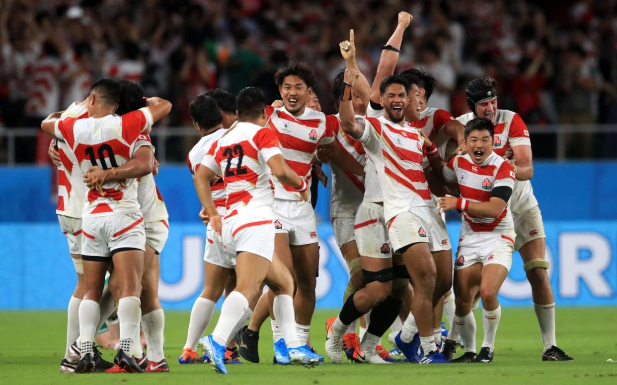 Japan celebrate victory at the 2019 Rugby World Cup on home soil - PA