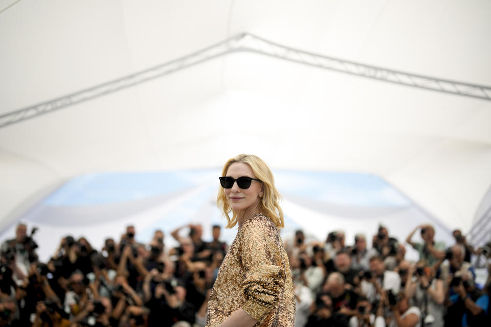 Cate Blanchett poses for photographers at the photo call for the film 'Rumours' at the 77th international film festival, Cannes, southern France, Sunday, May 19, 2024. (Photo by Andreea Alexandru/Invision/AP)