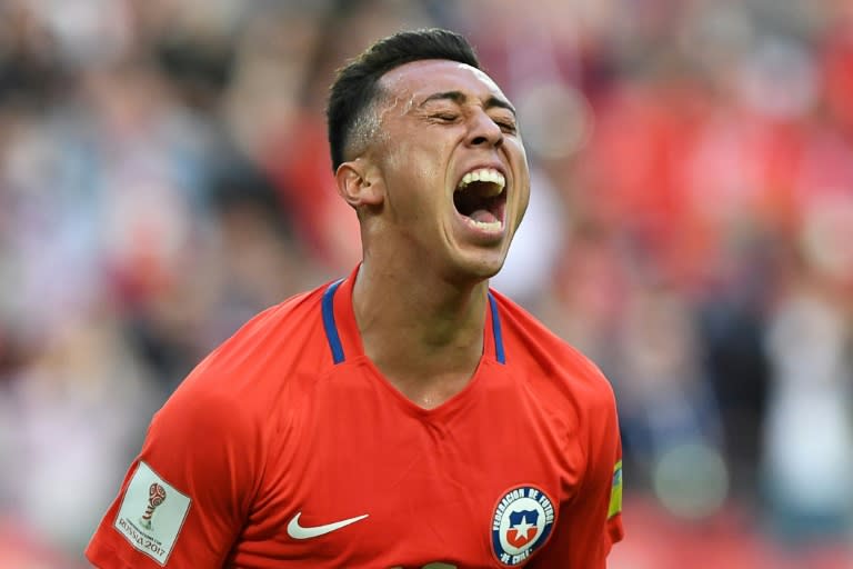 Chile's forward Martin Rodriguez celebrates after scoring a goal during the 2017 Confederations Cup group B football match against Australia at the Spartak Stadium in Moscow on June 25, 2017