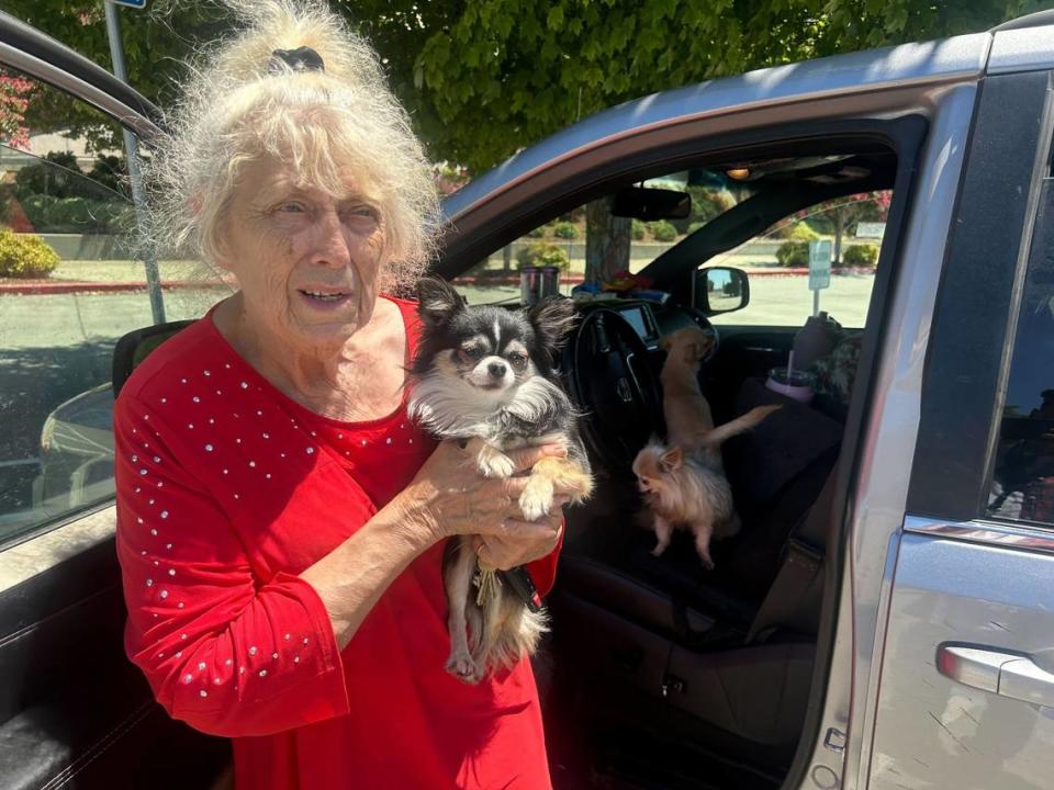 Sherry Alpert, of Forest Ranch, holds Blaze, one of her 12 dogs. Alpert evacuated Wednesday evening with her 12 dogs at the first sight of the Park Fire, which has burned tens of thousands of acres in Butte County. She said the dogs, her “babies,” took priority.