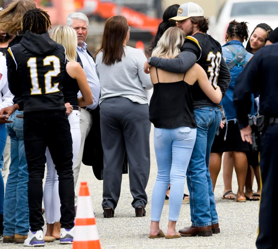 Mourners arrive as the funeral for Dadeville shooting victim Phil Dowdell is held at Dadeville High School in Dadeville, Ala., on Monday April 24, 2023. 