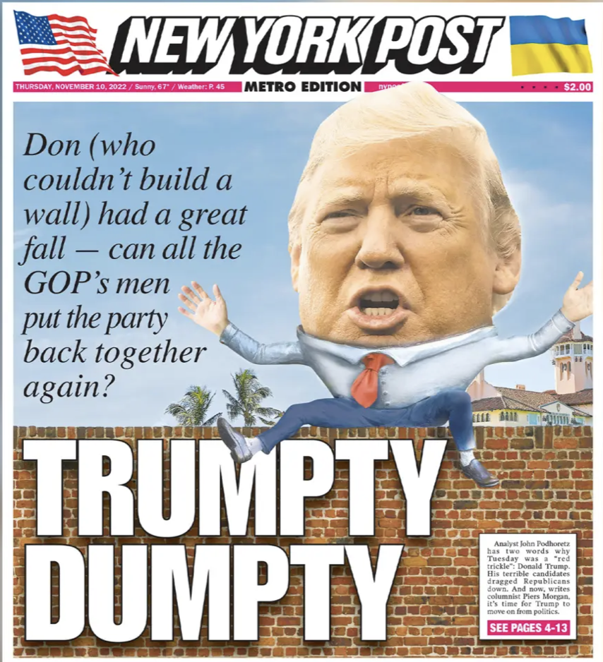 A screenshot of the New York Post's website shows the paper's mocking coverage of Donald Trump and the Republicans' midterm election failures.