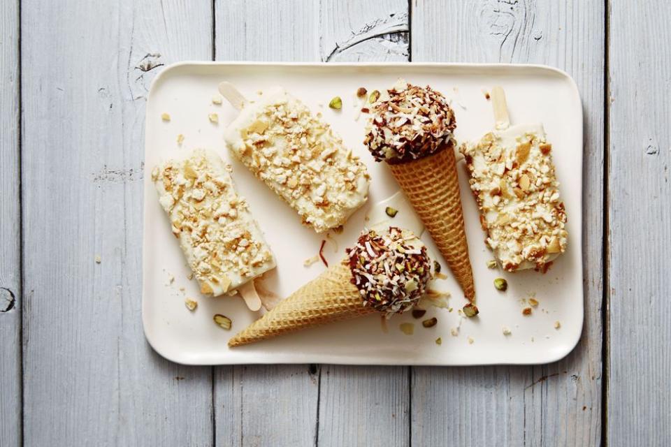 <p>Brush ice cream cones in a <a href="https://www.goodhousekeeping.com/food-recipes/a40808/homemade-dessert-shell-recipe/" rel="nofollow noopener" target="_blank" data-ylk="slk:homemade dessert shell;elm:context_link;itc:0;sec:content-canvas" class="link ">homemade dessert shell</a>, then roll in all your favorite munchies (we love coconut, potato chips and pistachios!).</p><p><em><a href="https://www.goodhousekeeping.com/food-products/a40813/kitchen-sink-ice-cream-cones-recipe/" rel="nofollow noopener" target="_blank" data-ylk="slk:Get the recipe for Kitchen Sink Ice Cream Cones »;elm:context_link;itc:0;sec:content-canvas" class="link ">Get the recipe for Kitchen Sink Ice Cream Cones »</a></em></p>