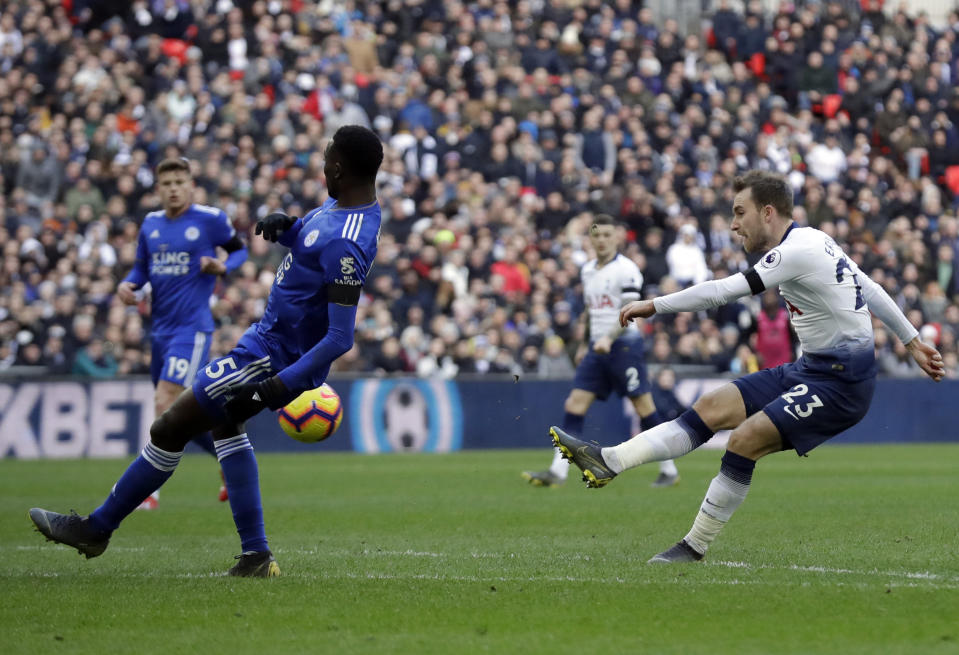 Tottenham Hotspur's Christian Eriksen scores his side's second goal during the English Premier League soccer match between Tottenham Hotspur and Leicester City at Wembley stadium in London, Sunday, Feb. 10, 2019. (AP Photo/Matt Dunham)