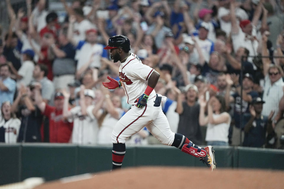 Atlanta Braves' Michael Harris II (23) rounds the bases aafter hitting a two-run home run in the eighth inning of a baseball game against the New York Mets, Wednesday, June 7, 2023, in Atlanta. (AP Photo/John Bazemore)