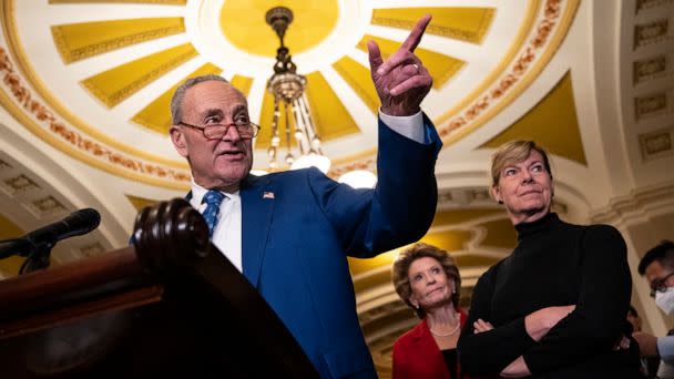 PHOTO: Senate Majority Leader Chuck Schumer  speaks to reporters after a meeting with Senate Democrats at the U.S. Capitol on Nov. 15, 2022. (Drew Angerer/Getty Images)