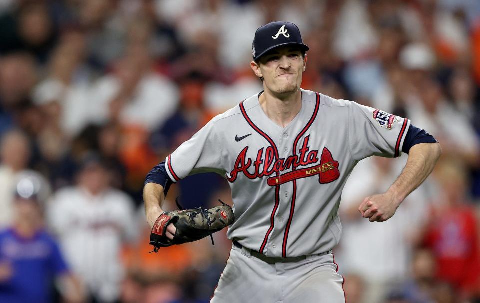 Max Fried celebrates after retiring the side against the Astros during the sixth inning.