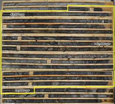 Figure 4: Localized basement-hosted uranium mineralization between 347.7 and 367.5 m (outlined in yellow) (CNW Group/NexGen Energy Ltd.)