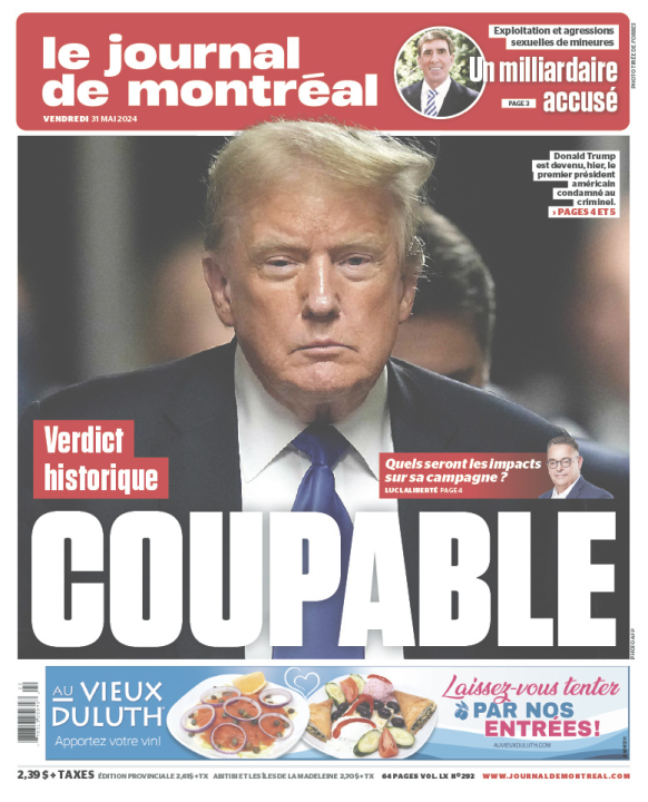 The front page of a Montreal newspaper, with coverage of Trump's guilty verdict.