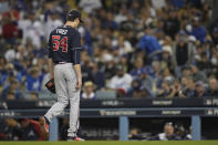 Atlanta Braves pitcher Max Fried walks off the mound after being relieved in the fifth inning against the Los Angeles Dodgers in Game 5 of baseball's National League Championship Series Thursday, Oct. 21, 2021, in Los Angeles. (AP Photo/Jae C. Hong)