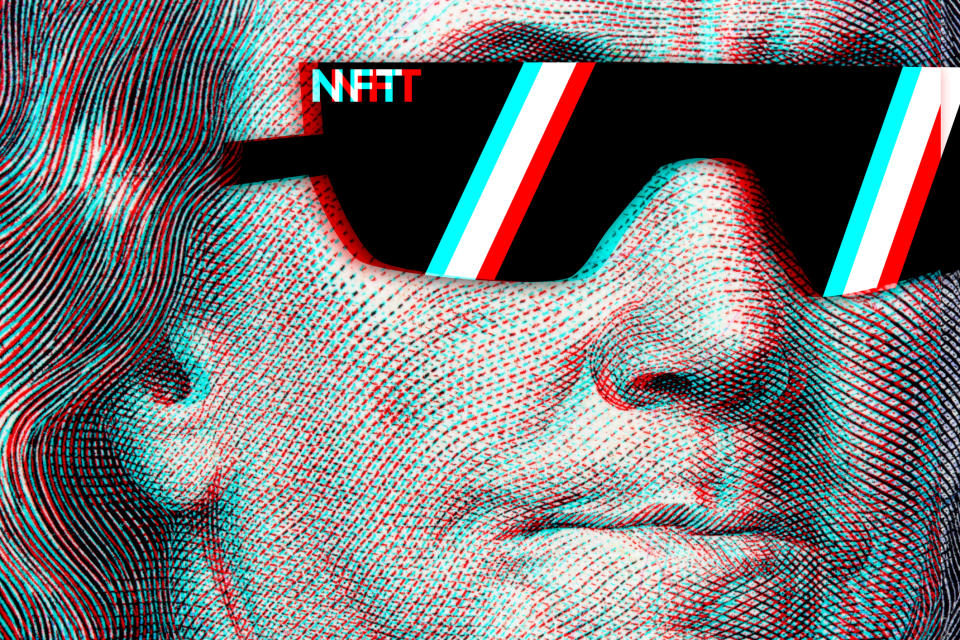 Graphic illustration of a person wearing stylized sunglasses with "NFT" written on them