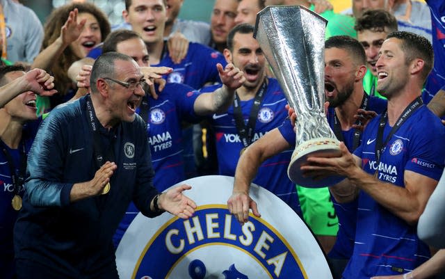 Sarri, left, won the Europa League as Chelsea boss in 2019 