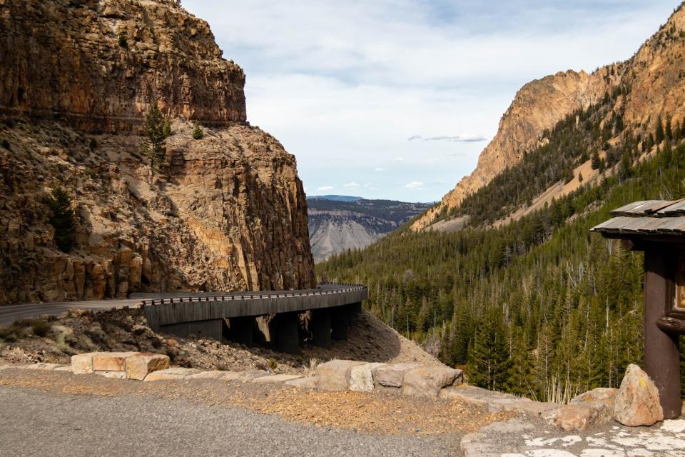 Bridge on the Grand loop Road running through Golden Gate Canyon in Yellowstone National Park, Wyoming facing north, horizontal