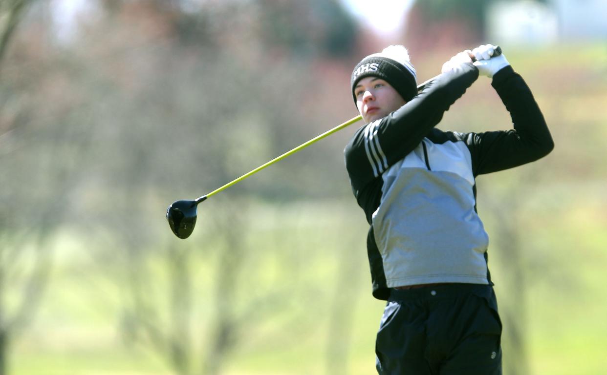 Monmouth Regional's Jack Hennelly tees off on the fifth hole during the Wall Invitational high school golf tournament at Jumping Brook Country Club in Neptune Monday, March 25, 2024.