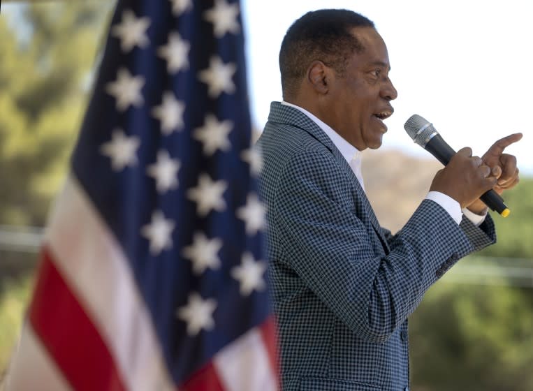 CASTAIC, CA - SEPTEMBER 06, 2021: Gubernatorial candidate Larry Elder addresses the crowd during a rally at Freedom's Way Baptist Church in Castaic. (Mel Melcon / Los Angeles Times)